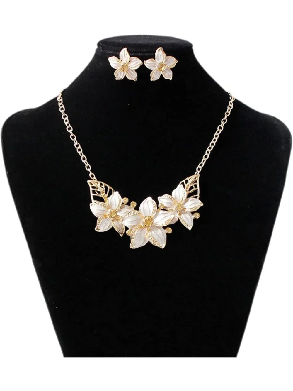 Elegant Crystal Flower Statement Jewelry Set - Gold Plated Necklace & Earrings